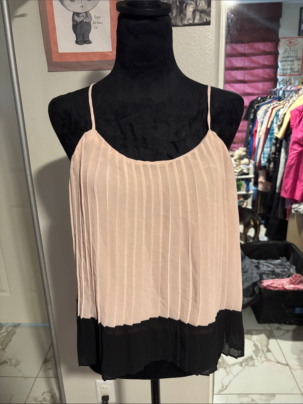 Bar III Pleated Two-Tone Spaghetti Strap Cami - Blush Pink and Black